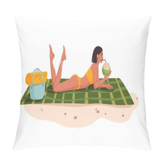 Personality  Young Pretty Woman Drinking A Coconut Cocktail On The Beach. Summer Holidays Leisure, Vacation Travel And Tropical Resort Relax. Girl Lying On Beach Sand, Drinks Refreshing Beverages Vector Personage Pillow Covers