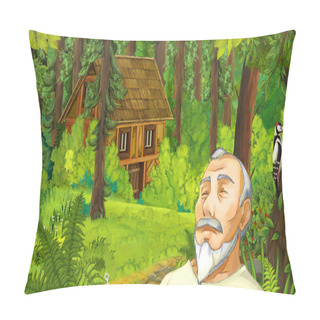 Personality  Cartoon Scene With Sleeping Old Man In The Forest Near Some Hidden Wooden House - Illustration For Children Pillow Covers