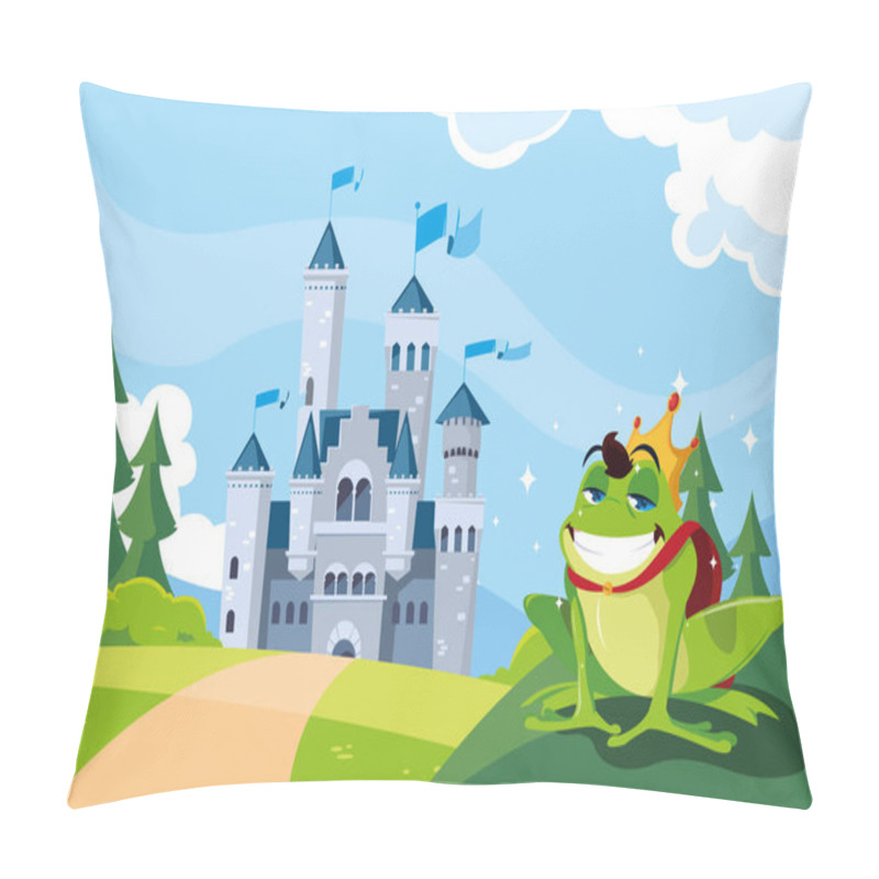 Personality  frog prince with castle fairytale in mountainous landscape pillow covers