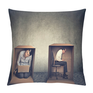 Personality  Introverts. Man And Woman Sitting Inside Boxes Working On Laptop Pillow Covers