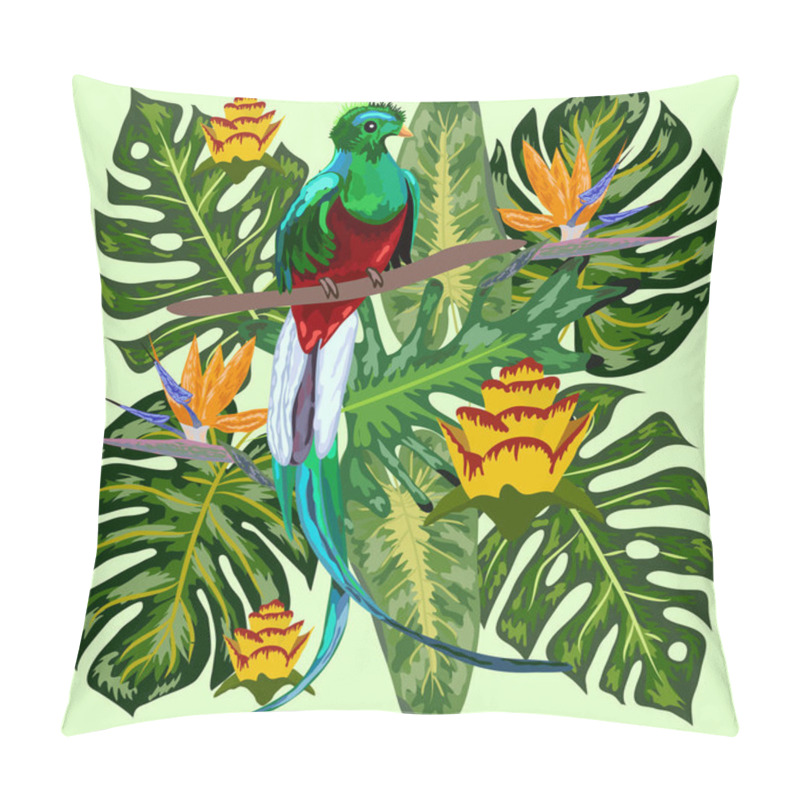 Personality  Green tropical bird Great resplendent quetzal sitting on a branch against the backdrop of a tropical foliage and flowers, design, rare, endangered species, red data book, security pillow covers