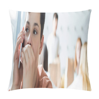 Personality  Schoolboy Covering Mouth With Hand While Talking On Mobile Phone Near Blurred Classmates, Banner Pillow Covers