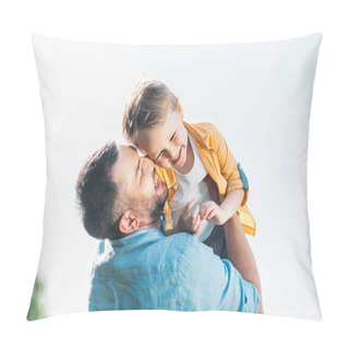 Personality  Happy Father Hugging Adorable Smiling Little Son In Park  Pillow Covers