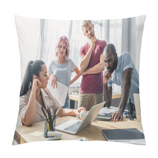 Personality  Selective Focus Of Thoughtful Multiethnic Business People Working Together In Office  Pillow Covers