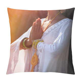 Personality  Woman Hands In Namaste Gesture Practice Yoga Outdoor Day Shot Cl Pillow Covers
