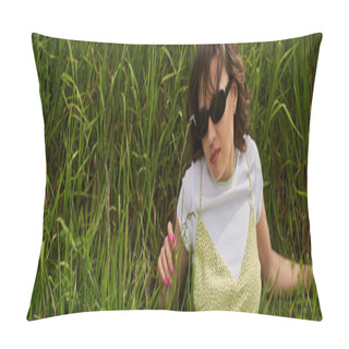Personality  High Angle View Of Stylish Brunette Woman In Sunglasses And Sundress Lying On Meadow And Touching Green Grass, Peaceful Retreat And Relaxing In Nature Concept, Banner, Rural Landscape Pillow Covers