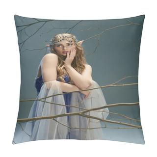 Personality  A Young Woman, Resembling An Elf Princess, Strikes A Pose In A Blue Dress In A Magical Studio Setting. Pillow Covers