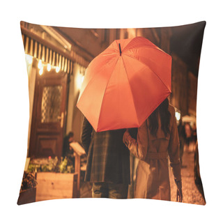 Personality  Back View Of Couple In Autumn Outfit Walking Under Umbrella Along Evening Street Pillow Covers