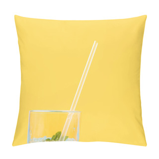 Personality  Close-up View Of Glass With Fresh Cold Summer Cocktail And Drinking Straw Isolated On Yellow Pillow Covers
