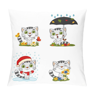 Personality  Set Of Charming Cartoon Characters Of Kittens In Different Seasons  Pillow Covers
