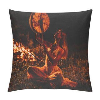 Personality  Beautiful Shamanic Girl Playing On Shaman Frame Drum In The Nature. Pillow Covers