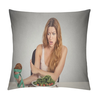 Personality  Woman Deciding Whether To Eat Healthy Food Or Sweet Cookies She Craving Pillow Covers
