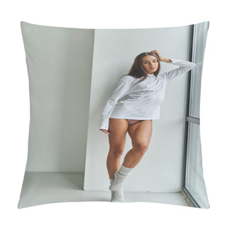 Personality  Full Length Of Brunette Woman Standing In Long Sleeve Shirt And Socks Near Panoramic Window Pillow Covers