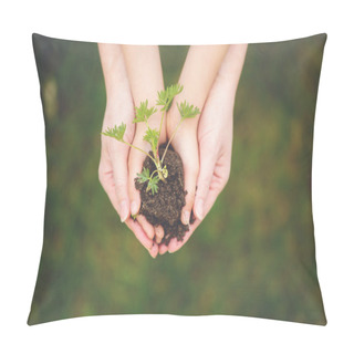 Personality  Mother And Child Hands, Holding Soil With Fresh Growing Flower Pillow Covers