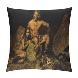 Personality  Primitive Man And His Woman Sitting Near The Fire In The Cave Pillow Covers