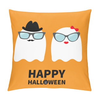 Personality Happy Halloween. Ghost Spirit Family Couple With Lips, Mustaches And Eyeglasses, Hat, Bow. Scary White Ghosts. Cute Cartoon Character. Spooky Face Greeting Card Orange Background. Flat Design. Vector Pillow Covers