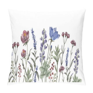 Personality  Border Of Blue And Burgundy Wildflowers And Plants On A White Background, Watercolor Illustration. Pillow Covers