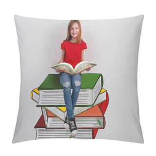 Personality  Little Girl Reading Sitting On Books Stack Pillow Covers