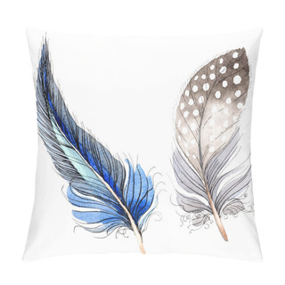 Personality  Watercolor Blue And Black Bird Feather From Wing Isolated. Aquarelle Feather For Background. Watercolour Drawing Fashion. Isolated Feathers Illustration Element. Pillow Covers