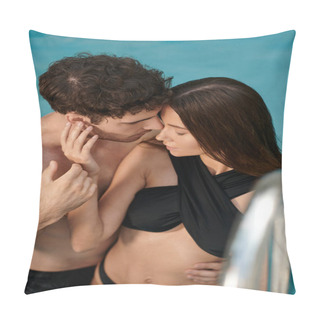 Personality  Shirtless Man Seducing Sexy Woman In Black Swimwear And Standing Together Near Pool Ladder Pillow Covers