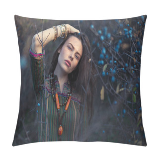 Personality  Fashion Portrait Of Young Hippie Woman At Sunset Posing On Nature Background Pillow Covers