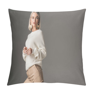 Personality  Elegant Blonde Model Posing In White Knitted Sweater, Isolated On Grey Pillow Covers