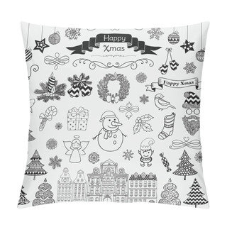 Personality  Set Of Hand Drawn Artistic Christmas Doodle Icons. Pillow Covers