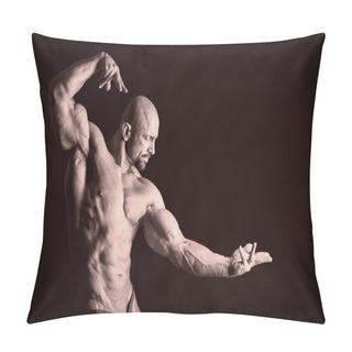 Personality  Bodybuilder Posing In Different Poses Demonstrating Their Muscles. Failure On A Dark Background. Male Showing Muscles Straining. Beautiful Muscular Body Athlete. Pillow Covers