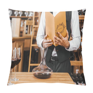 Personality  Cropped Shot Of Sommelier With Wine Card Standing In Front Of Table With Decanter And Glasses At Wine Store Pillow Covers