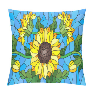 Personality  Illustration In Stained Glass Style With A Bouquet Of Sunflowers, Flowers,buds And Leaves Of The Flower On Blue Background Pillow Covers