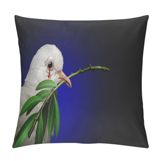 Personality  War Tragedy Concept As A Sad White Dove Holding An Olive Branch Crying A Tear Of Blood As A Tragic Symbol Of The Pain Of Violence And International Bloody Conflict With 3D Illustration Elements. Pillow Covers