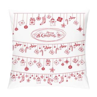 Personality  Christmas Card With Red Festive Garlands, Christmas Toys, Stockings, Gift Boxes, Snowmen. Set Of Winter Christmas Decoration Elements. Pillow Covers