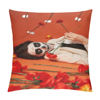 Personality  Woman In Sugar Skull Makeup And Suit Lying Down And Looking At Camera Near Carnations In Red Studio Pillow Covers