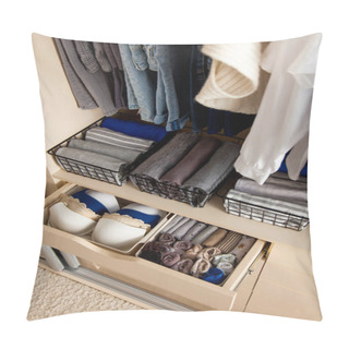 Personality  Top View Of Neatly Folded Things And Accessories In Boxes And Drawers Lying Under Things Hanging On Hangers In A Large Wardrobe. Concept Of Accuracy And General Cleaning In The House Pillow Covers