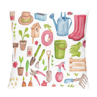 Personality  A Set Of Items On The Theme Of The Garden And Vegetable Garden. Color Illustration With Garden Tools And Plants. Watercolor Illustrations For The Design Of Stationery, Textiles, Web, Postcards. Pillow Covers