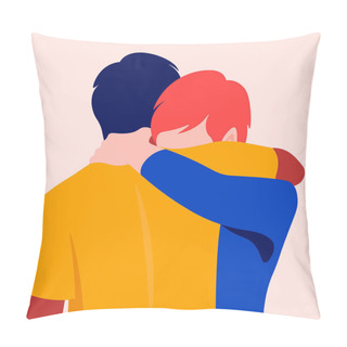 Personality  Two Men Hug Each Other. Best Friends. Father And Son Met. Support And Assistance In Problems. Partners Are Experiencing A Tragedy. Vector Flat Illustration Pillow Covers