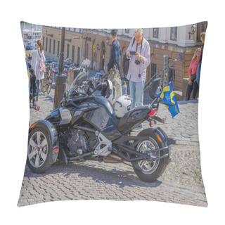 Personality  View Of Elderly Tourist Capturing Moment With His Camera, Photographing Unique Motorcycle Adorned With National Swedish Flag.  Pillow Covers