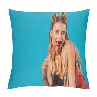 Personality  Portrait Of Beautiful Woman In Retro Style Clothing Eating Lollipop Isolated On Blue Pillow Covers