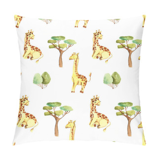 Personality  Watercolor Cute Giraffes And Trees Seamless Pattern, Hand Drawn On A White Background Pillow Covers