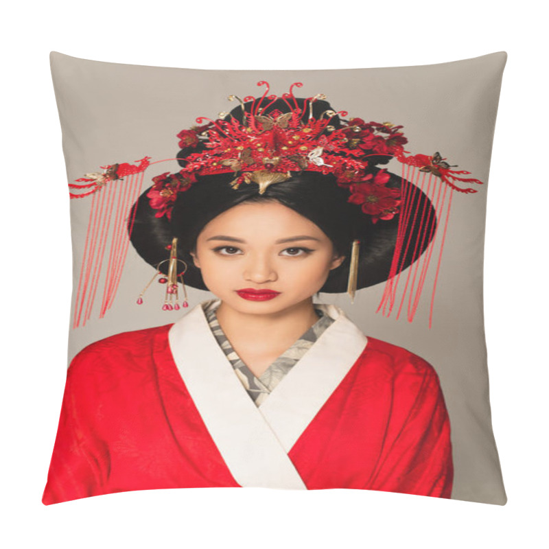 Personality  Young japanese woman with traditional hairdo isolated on grey  pillow covers