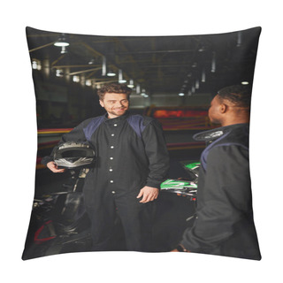 Personality  Cheerful Kart Driver Holding Helmet And Looking At African American Racer Inside Of Kart Circuit Pillow Covers