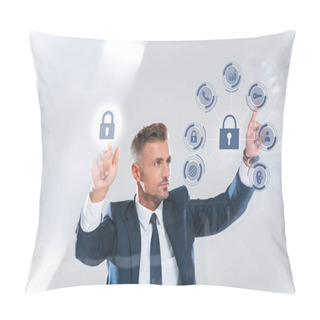Personality  Handsome Businessman Moving Security Icons Isolated On White, Artificial Intelligence Concept Pillow Covers
