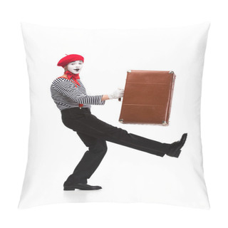 Personality  Happy Mime Walking With Brown Suitcase Isolated On White Pillow Covers