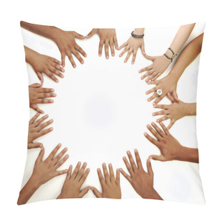 Personality  Conceptual Symbol Of Multiracial Children Hands Making A Circle On White B Pillow Covers