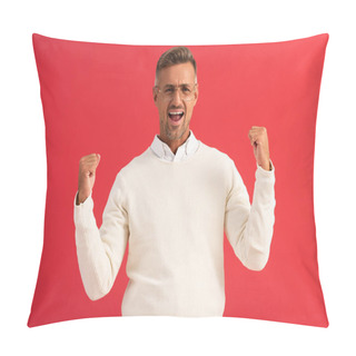 Personality  Excited Man In Glasses Celebrating Triumph Isolated On Red  Pillow Covers