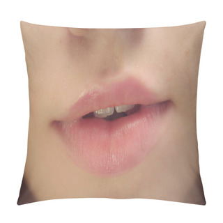 Personality  Female Face With Smiling Mouth Biting Plump Lips. Closeup Woman Biting Sexy Lips Pillow Covers