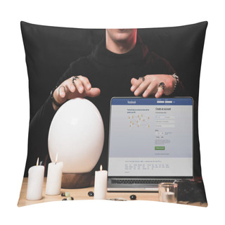 Personality  Cropped View Of Esoteric Near Laptop With Facebook Website On Screen Isolated On Black Pillow Covers