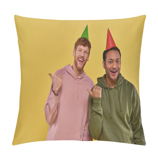 Personality  Two Young Friends In Casual Attire And Birthday Hats Smiling At Camera Pointing Thumbs Aside Pillow Covers