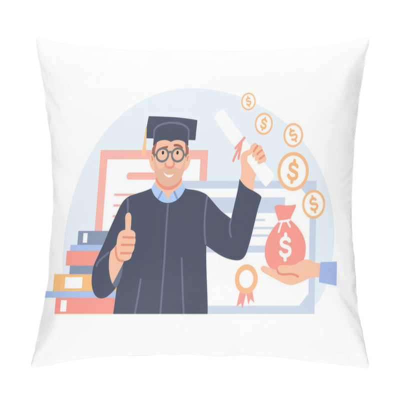 Personality  Investment In Education Concept. Study Cash, Tuition Fees Or Budget, Student Grant. Cartoon Graduate In Graduation Cap With Diploma And Money For College. Scholarship Cost Or Loan Vector Illustration. Pillow Covers