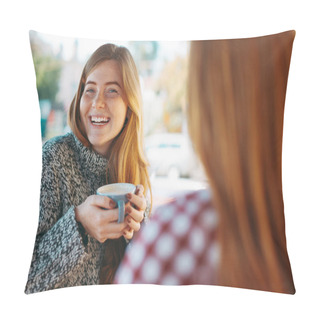 Personality  Smiling Young Women Drinking Coffee  Pillow Covers
